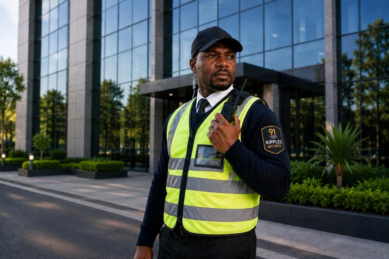 Discreet event security officer in dark formal attire